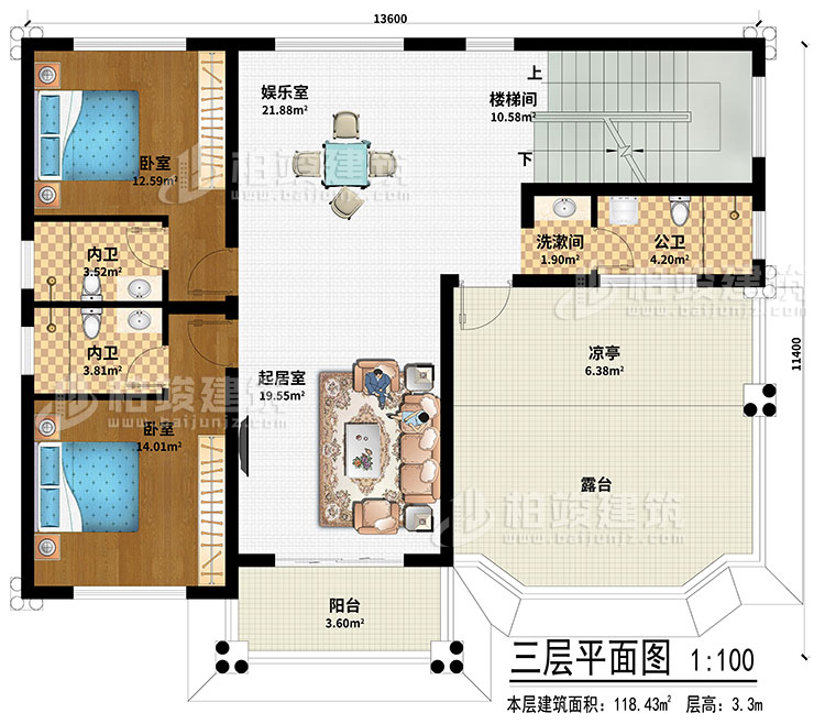 三層：起居室、娛樂室、樓梯間、2臥室、洗漱間、公衛、2內衛、涼亭、陽臺、露臺