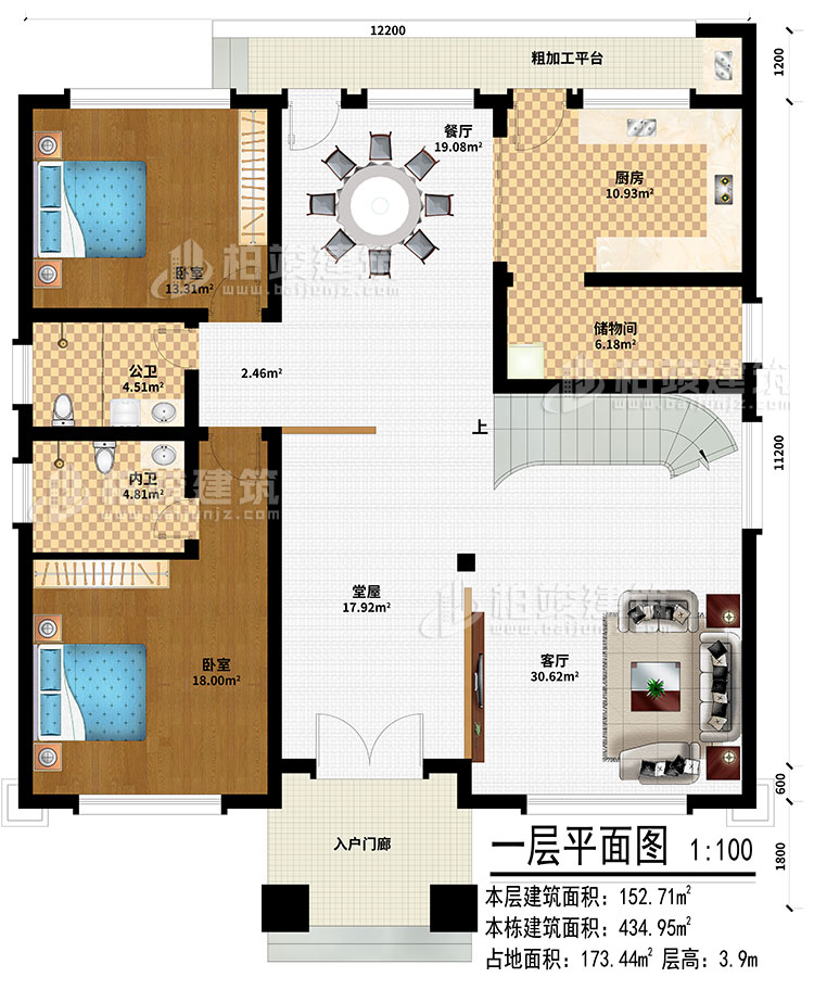 一層：入戶門廊、堂屋、客廳、餐廳、廚房、儲物間、2臥室、公衛、內衛、粗加工平臺