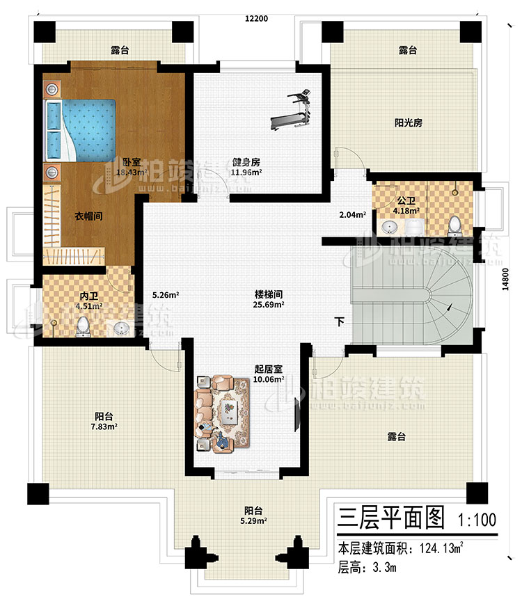 三層：起居室、樓梯間、健身房、陽光房、臥室、衣帽間、內衛、公衛、2陽臺、3露臺