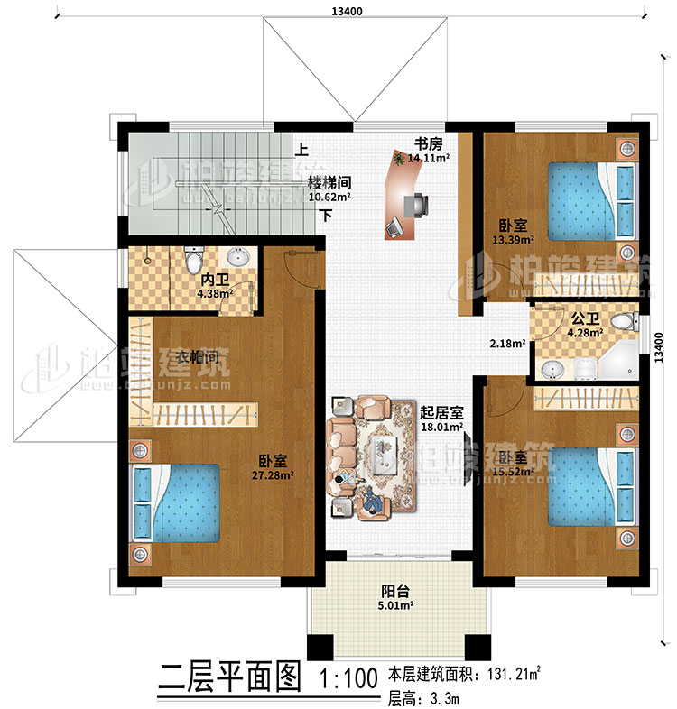 二層：室外觀景露臺(tái)、地下車庫(kù)入口、入戶門廊、玄關(guān)、客廳、神龕、茶室、樓梯間、2臥室、公衛(wèi)、內(nèi)衛(wèi)