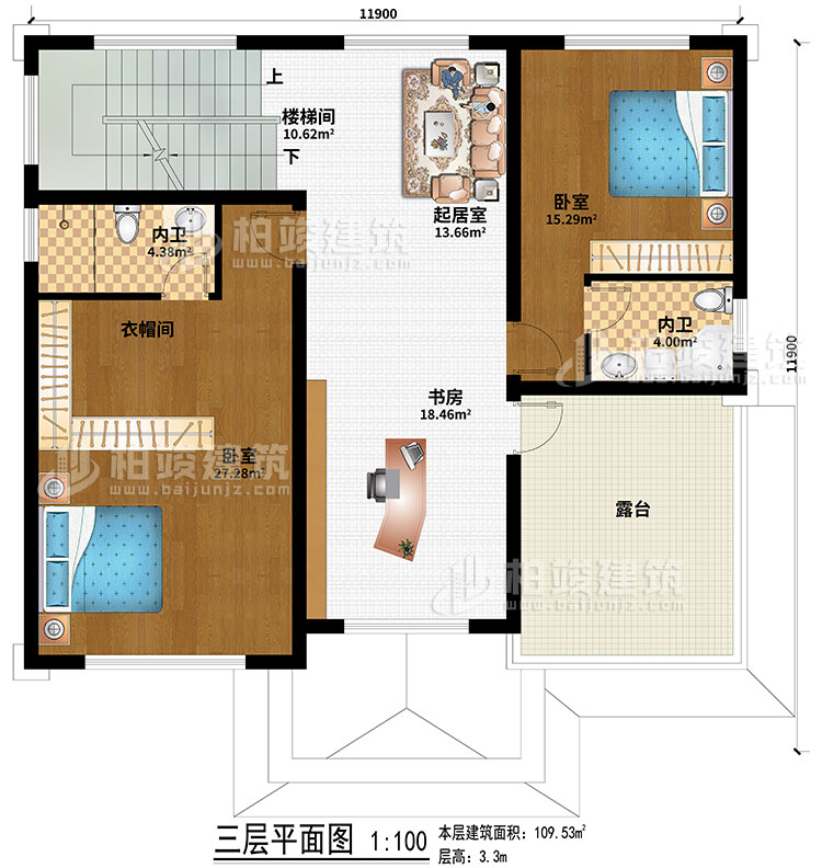 三層：2臥室、起居室、樓梯間、衣帽間、書房、2內(nèi)衛(wèi)、露臺(tái)