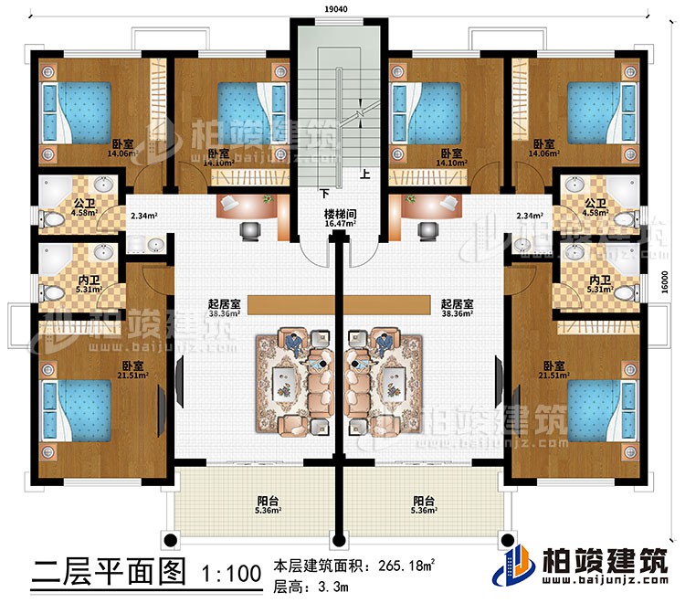 二層：2起居室、樓梯間、6臥室、2公衛(wèi)、2內(nèi)衛(wèi)、2陽(yáng)臺(tái)
