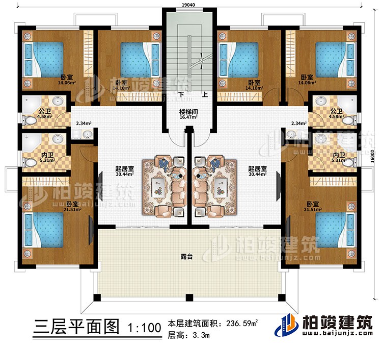 三層：2起居室、樓梯間、6臥室、2公衛(wèi)、2內(nèi)衛(wèi)、露臺(tái)