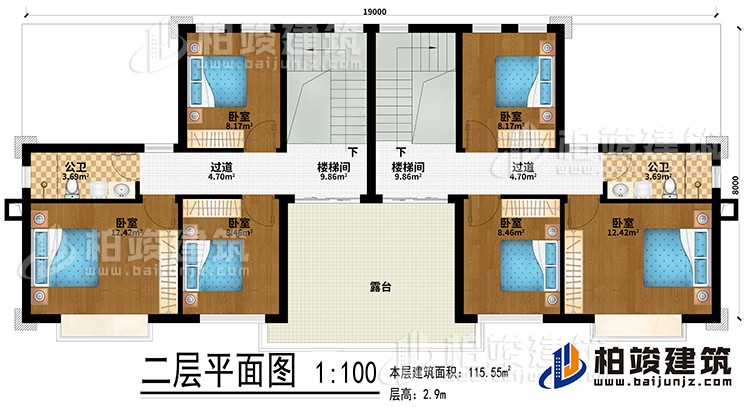 二層：2樓梯間、6臥室、2公衛(wèi)、2過道、露臺