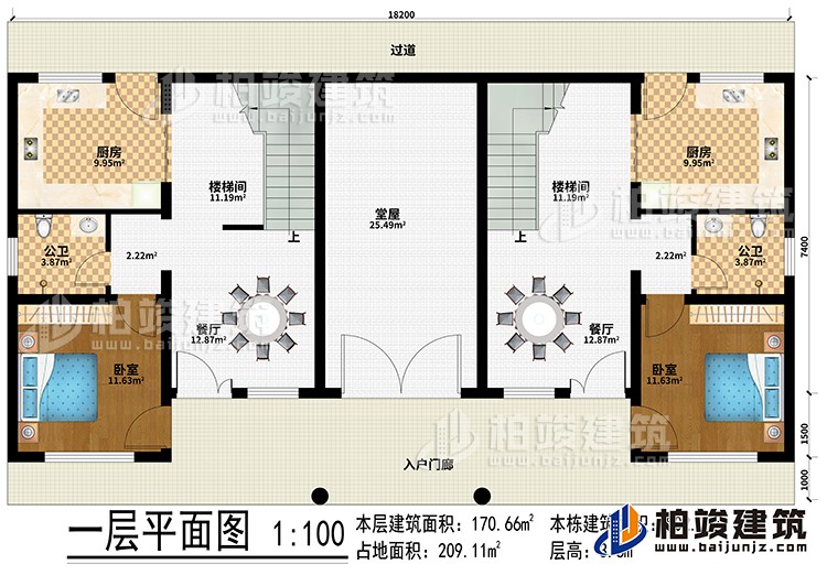 一層：入戶門廊、過道、堂屋、2廚房、2樓梯間、2餐廳、2臥室、2公衛