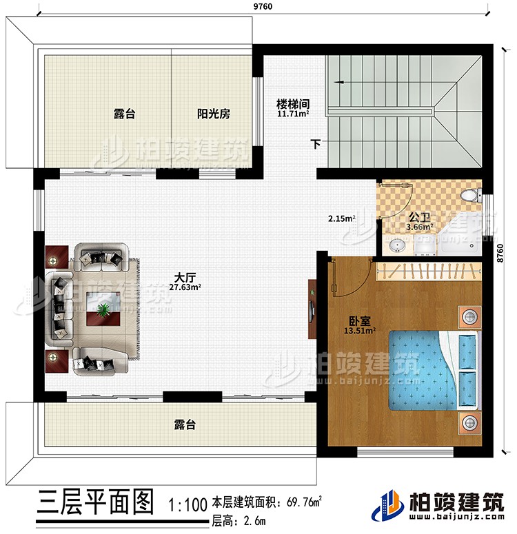 三層：樓梯間、大廳、臥室、公衛、陽光房、2露臺