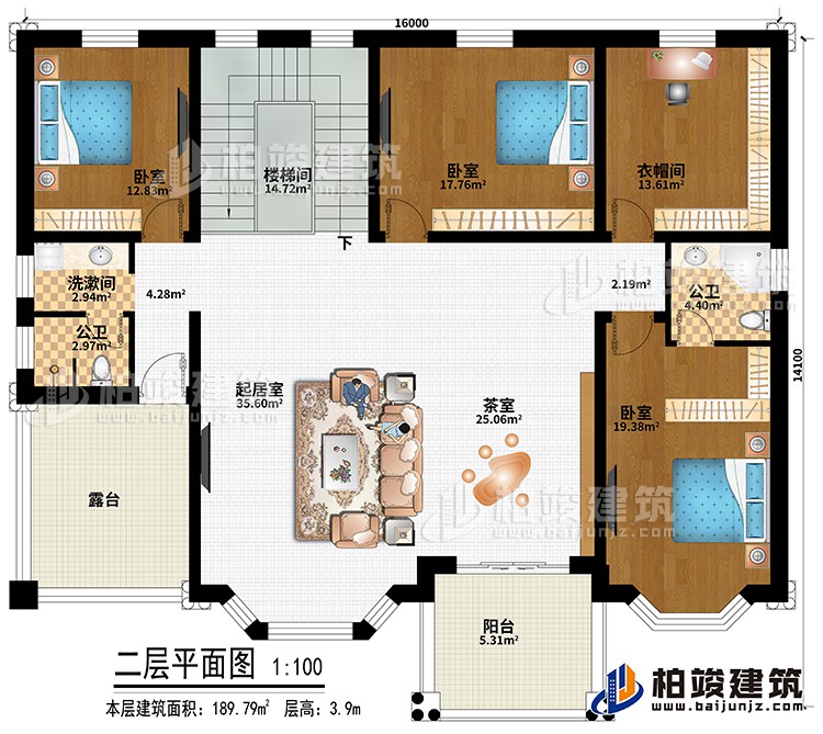 二層：樓梯間、起居室、茶室、3臥室、衣帽間、洗漱間、公衛(wèi)、內(nèi)衛(wèi)、陽(yáng)臺(tái)、露臺(tái)
