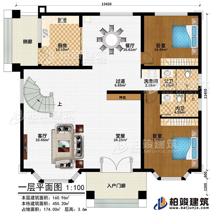 一層：入戶門廊、側(cè)廊、堂屋、神龕、客廳、廚房、餐廳、過道、2臥室、洗漱間、公衛(wèi)、內(nèi)衛(wèi)
