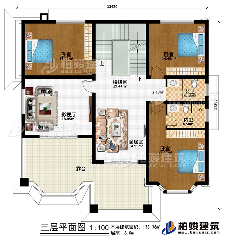 三層：樓梯間、起居室、影視廳、3臥室、公衛(wèi)、內(nèi)衛(wèi)、露臺