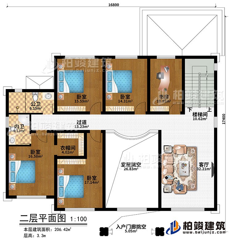 二層：樓梯間、客廳、堂屋挑空、入戶門廊挑空、4臥室、衣帽間、書房、公衛(wèi)、內(nèi)衛(wèi)