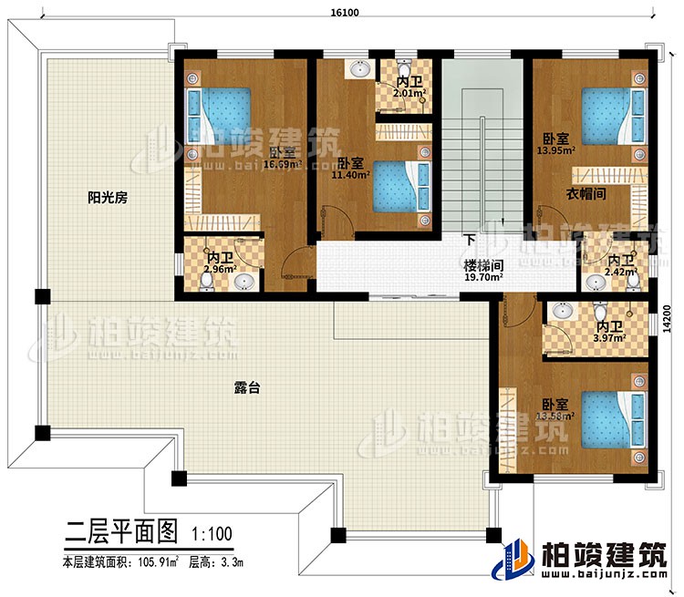 二層：4臥室、衣帽間、樓梯間、4內(nèi)衛(wèi)、陽光房、露臺
