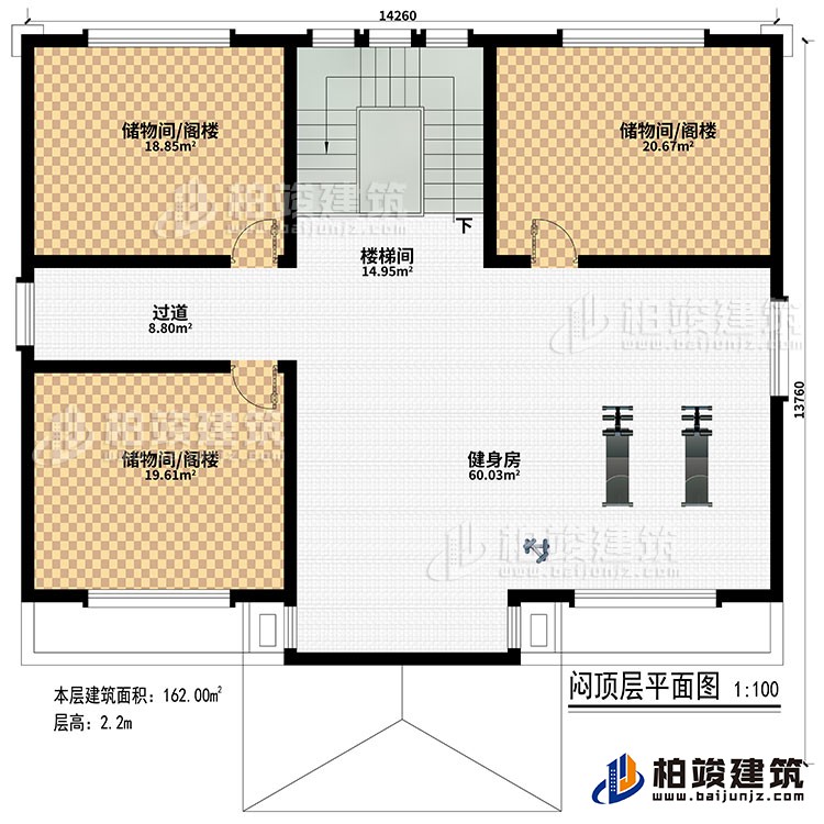 三層：樓梯間、3儲(chǔ)物間/閣樓、過道、健身房