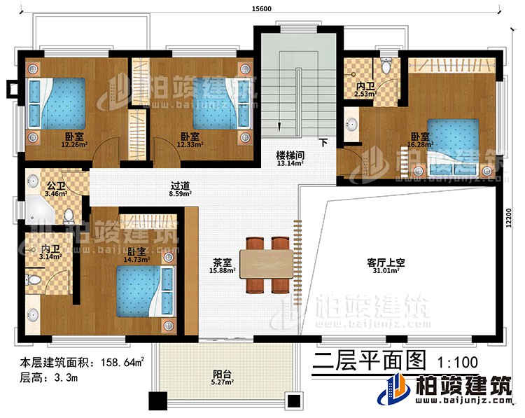 二層：樓梯間、茶室、客廳上空、4臥室、過道、公衛、2內衛、陽臺