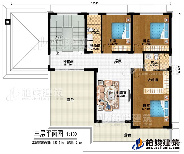 三層：樓梯間、過道、影音室、3臥室、衣帽間、公衛、內衛、2露臺